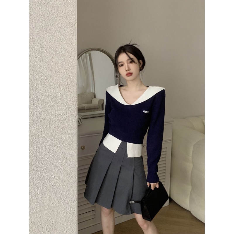 Red Gaya perguruan tinggi v-neck sweater warna kontras wanita musim gugur dan musim dingin baru yang chic dan unik atasan pendek palsu dua potong kemeja bottoming rajutan