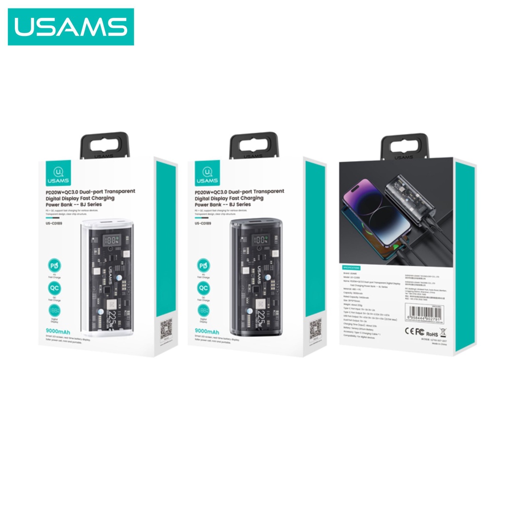 USAMS BJ Series Powerbank Fast Charging Transparent Dual Port 9000mAh