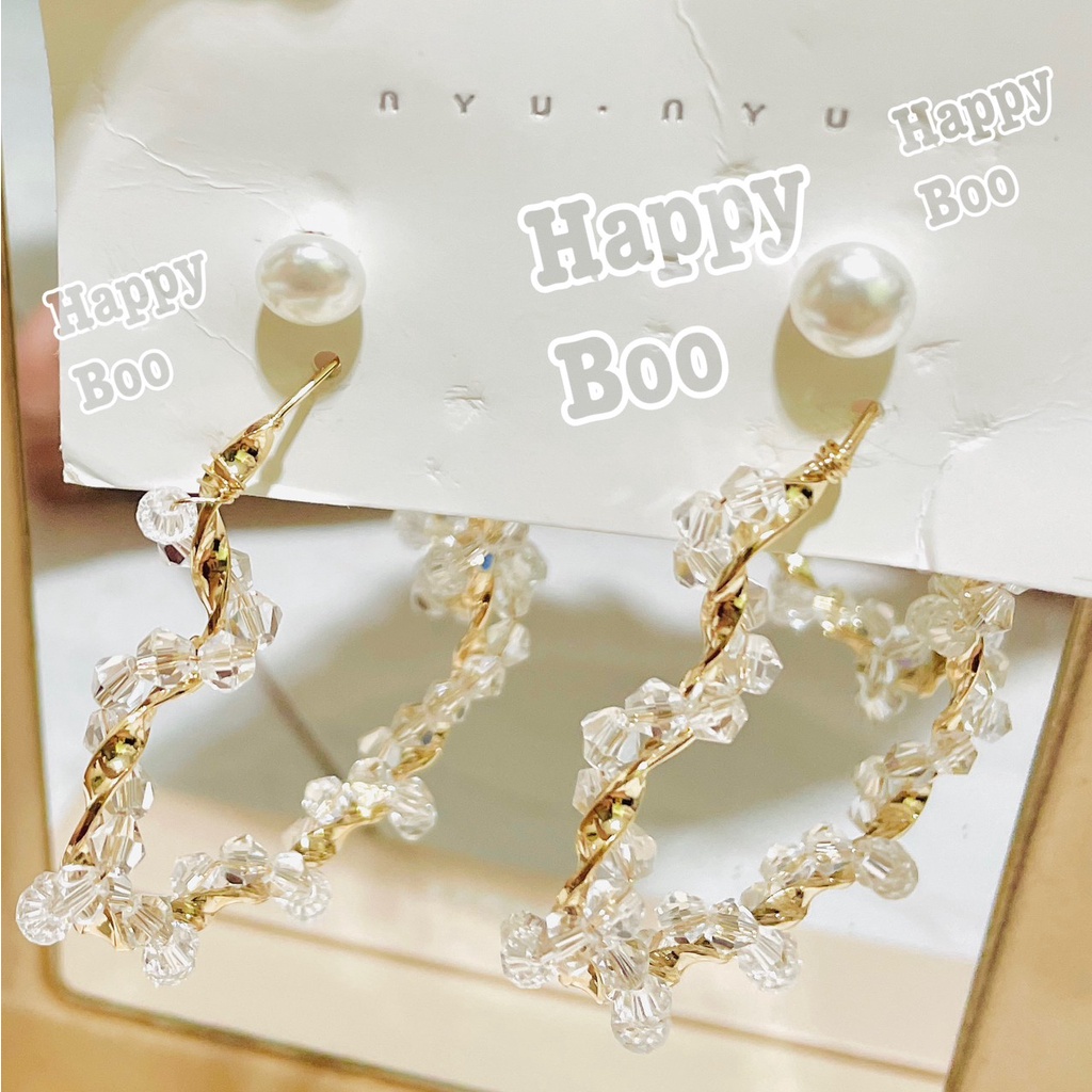 anting set 2 pasang ring crystal love + mutiara 2lv stainless titanium