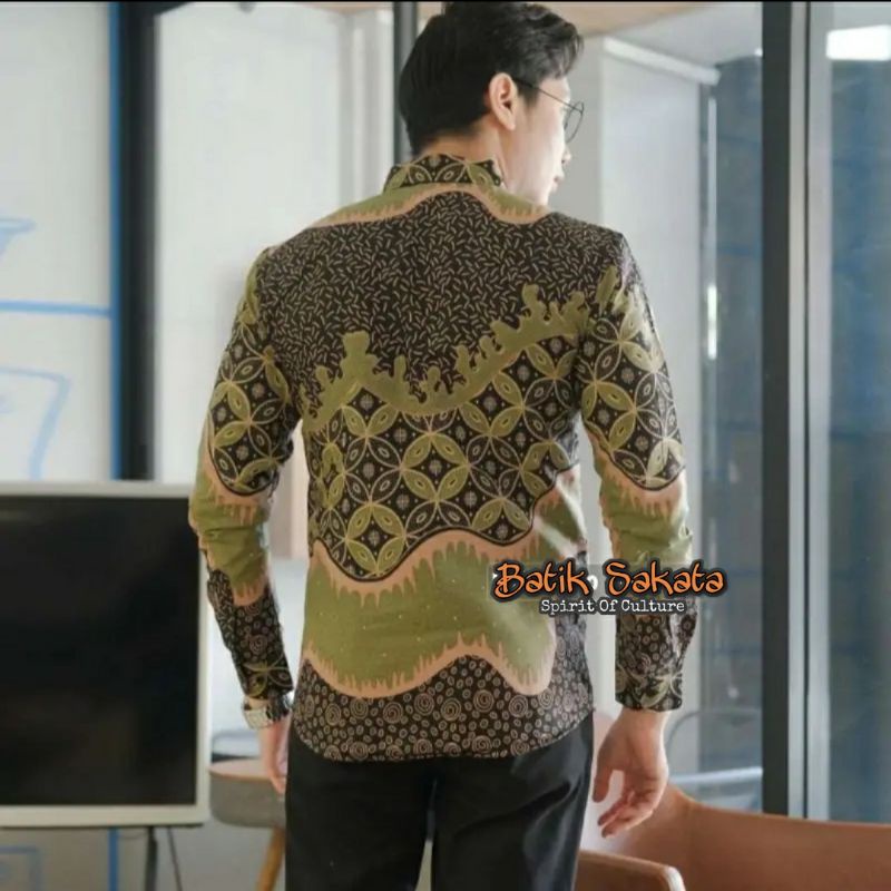 KAWUNG IJO emeja Batik Pria Slimfit Lengan Panjang Bahan Katun Halus Lapis Furing