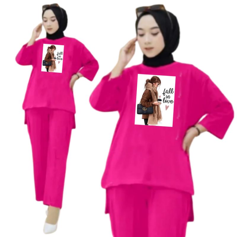 Setelan Kaos Wanita Dewasa Oversize Ld 130 cm Terbaru 2023 Viral Gambar DTF Bahan Kaos Babyterry Tangan 3/4 dan Celana Panjang One Set Wanita Dewasa Jumbo Kekinian Atasan Baju Wanita Dewasa Big Size Stelan Baju Wanita Santai Cewek Fall In Love