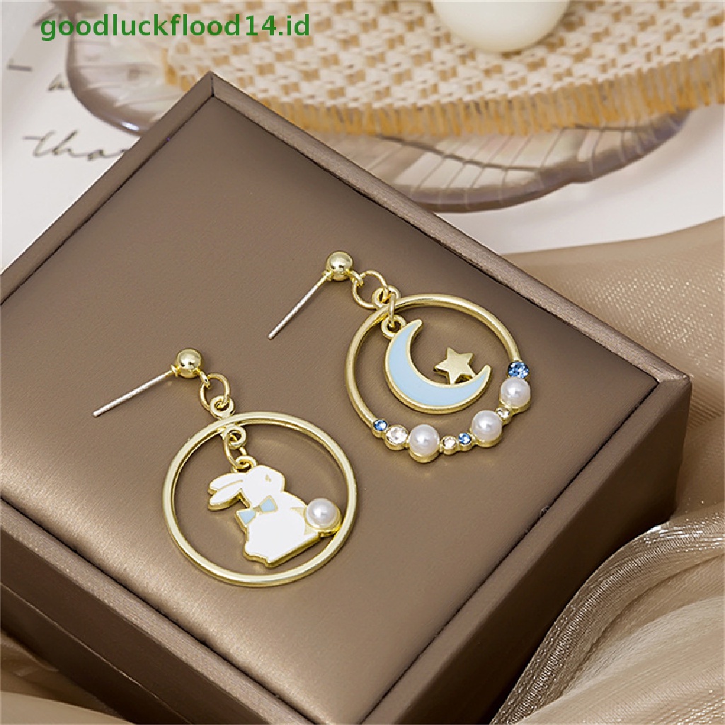 [GOOGFOUR] Lucu Fashion Asymmetric Rabbit Moon Star Stud Earrings Wanita Eardrop Perhiasan Pesta [TOP]