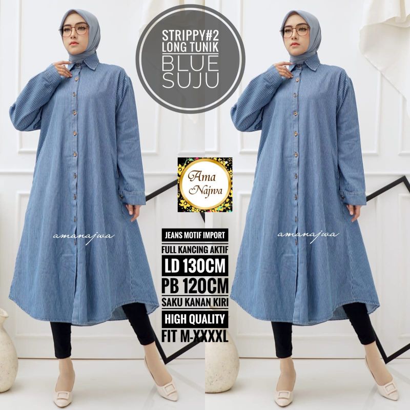 LONG TUNIK SUPER JUMBO TUNIK JEANS IMPORT MOTIF LD 130 CM