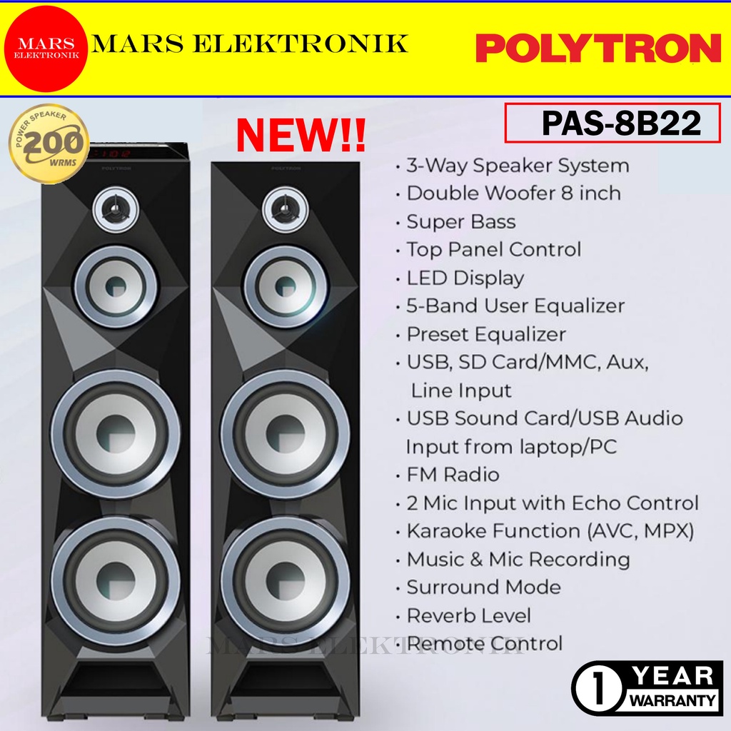 SPEAKER ACTIVE POLYTRON PAS-8BF22 - SUPER BASS - TOP PANEL CONTROL- BLUETOOTH USB FM - PAS 8B22 - READY