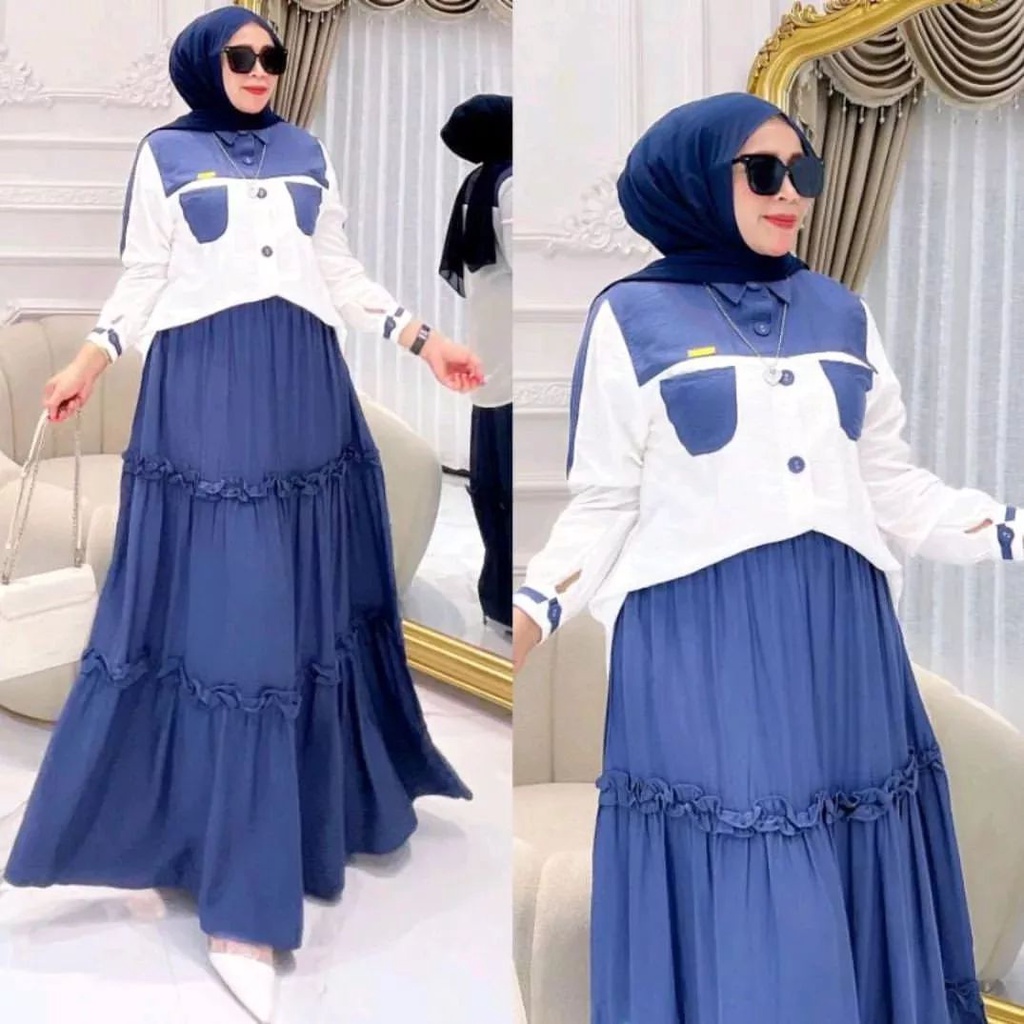 Zea set Gamis set rok Stelan wanita muslimah bahan crinkle terbaru polos Gamis murah kekinian