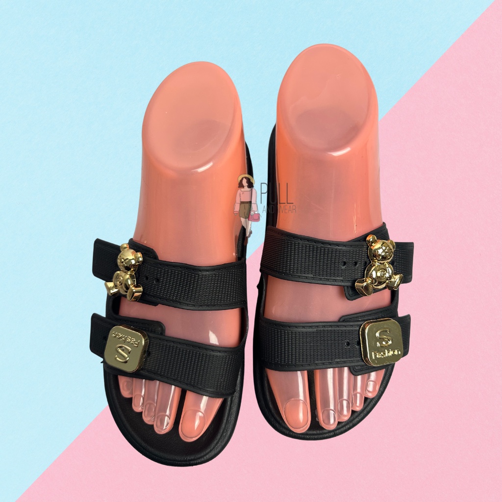 Sandal Slop Jelly Wanita Slip On Ban 2 Motif Bear S Gold Fashion Super Empuk Cantik Mewah Trendy Import Mokaya