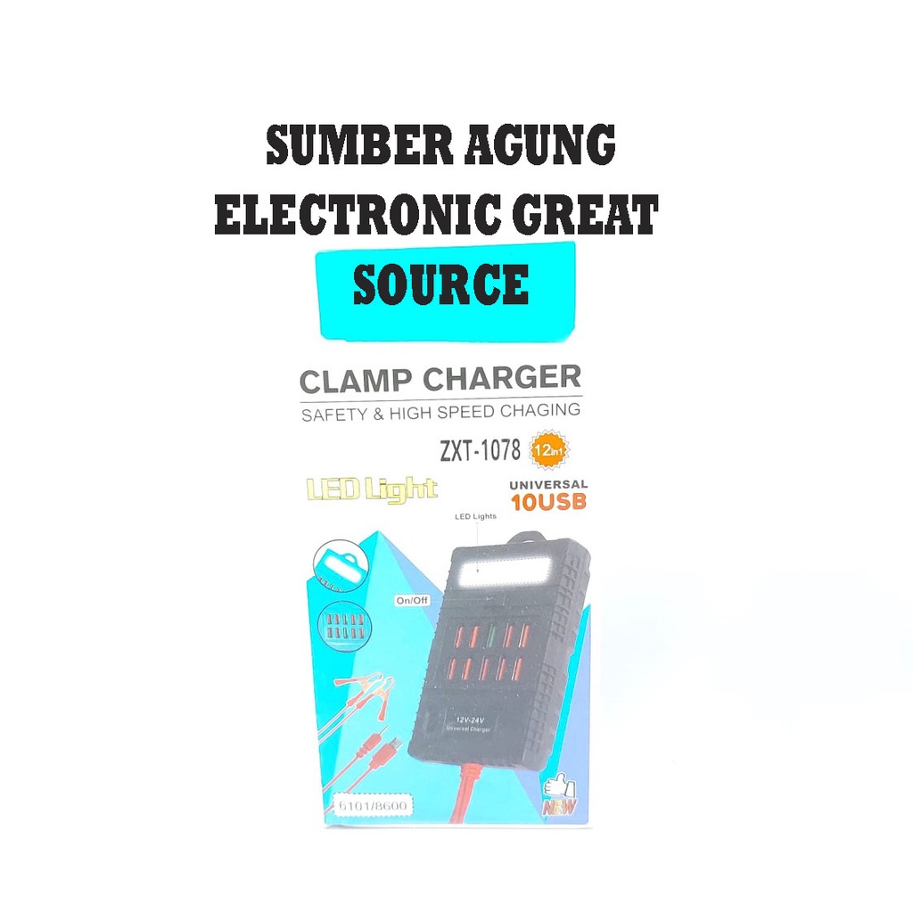 ZXT1078 Clamp Charger HP Dari Aki Lampu Emergency Adaptor 10USB Universal