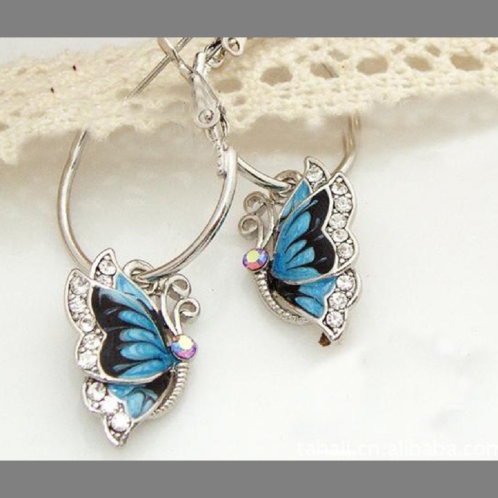 [AdornmentNo1] Fashion Lucu Kupu-Kupu Biru Kristal Perak Disepuh Hoop Huggie Earrings [ID]