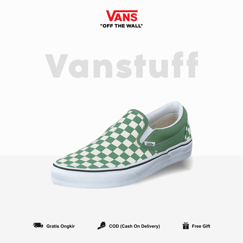 Vans Slip On Clasic Checkerboard Shale Green Tru White Couple Pria dan Wanita Original 100% BNIB Global Market Authentic Guarated Catur Ori