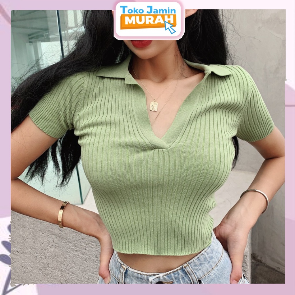 TJM BJ367 Baju Wanita rajut Kerah V Kaos Crop Top Baju Atasan Wanita Sexy Korean Fashion