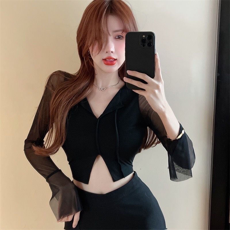 Red Keinginan murni hot girl mesh lengan panjang splicing chic top kemeja kecil dengan rasa desain gaya asing t-shirt pendek v-neck wanita pasang ins