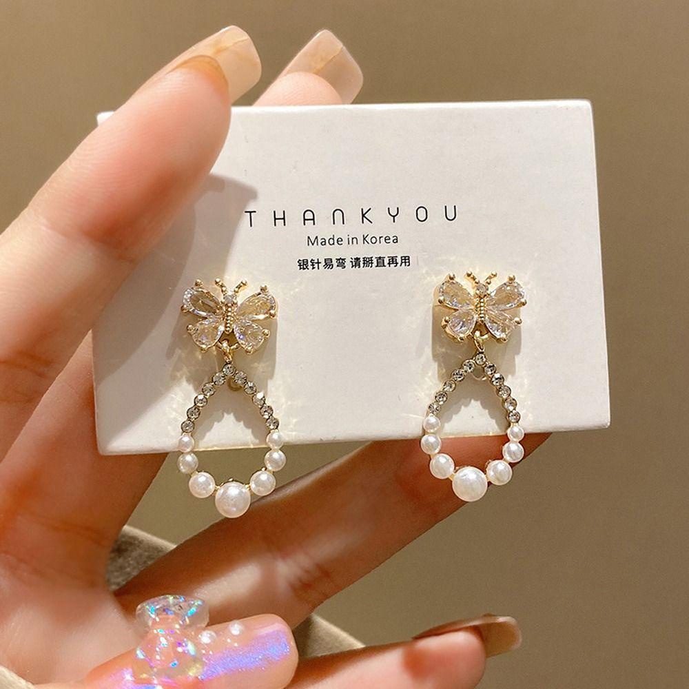 Needway  Wanita Anting Elegan Indah Halus Kupu-Kupu Fashion Perhiasan Niche Desain Gadis Hadiah Temperamen Zirkon Gaya Korea Menjuntai Anting-Anting