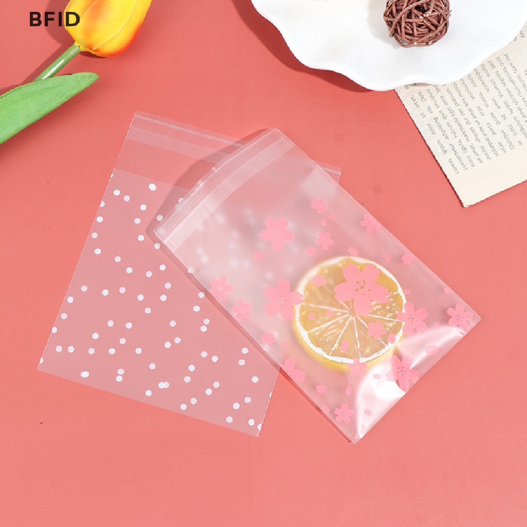 [BFID] 100pcs/set Dots Bunga Sakura Cookie Candy Bag Paket Plastik Tempat Hadiah [ID]