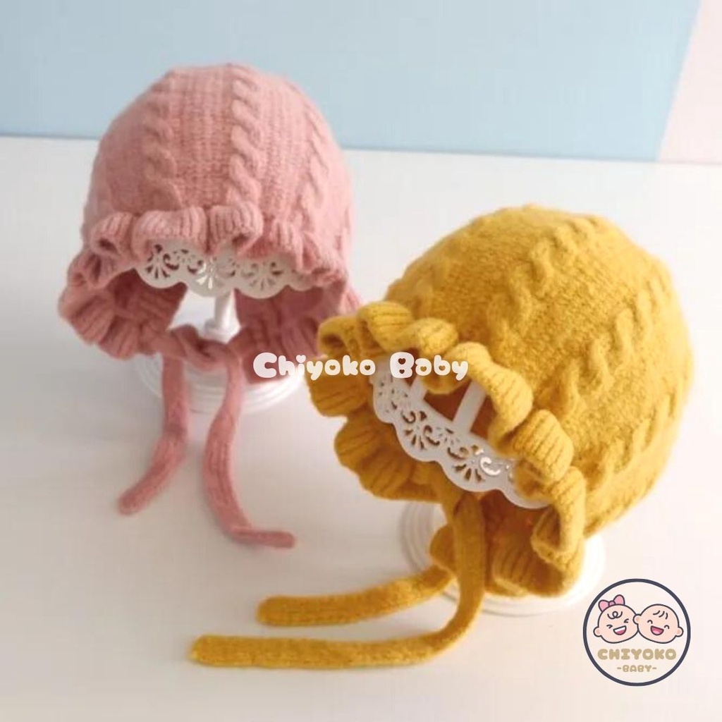 Topi Kupluk Bayi Bonet Bonnet Ruffle hat baby girl perempuan Rajut / Topi Rajut Bonnet Baby Girl Premium Chiyoko Baby