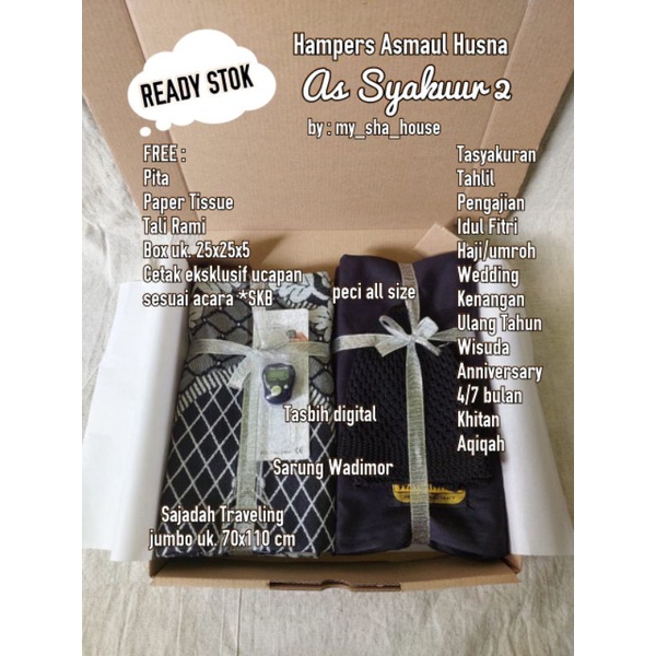 

Hampers AS SYAKUUR kado hadiah gift box muslim souvenir tahlil pengajian haji umroh idul fitri ulang tahun wisuda kenangan pernikahan Aqiqah Khitan