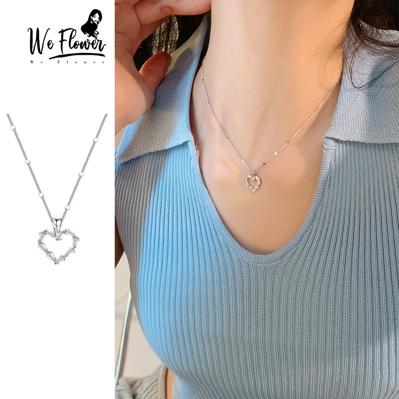 Kami Bunga Trendi Zirkon Berkilau Berongga Jantung Liontin Kalung Untuk Wanita Gadis Korea Geometris Pesona Tulang Selangka Rantai Kalung Perhiasan
