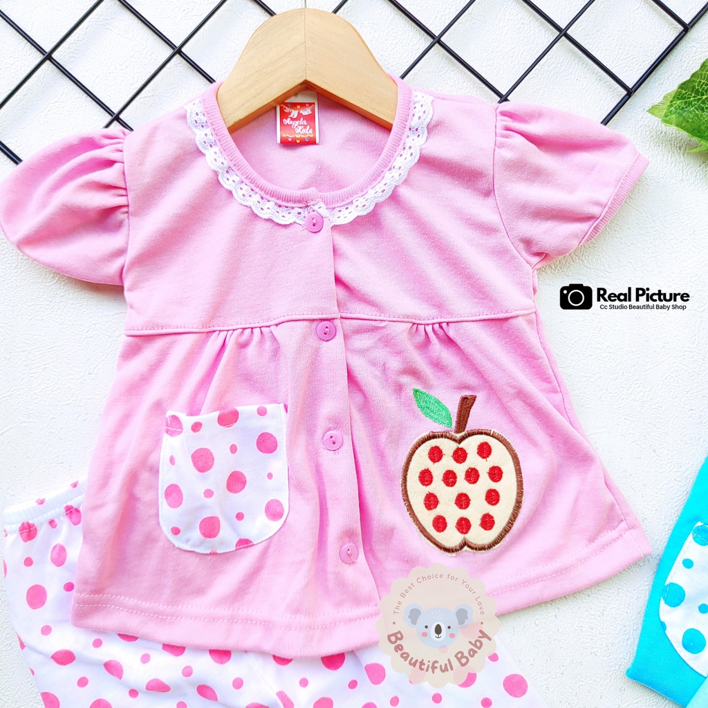 Baby.ou - Setelan Baju Bayi Lengan Pendek Celana Panjang Motif Bordir Apel / Setelan Piyama Bayi Perempuan 3-12 Bulan / Baju Bayi Perempuan Yeiko