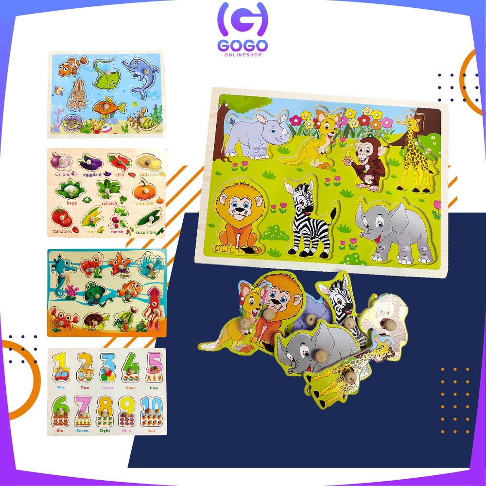 GOGO-M302 Puzzle Kayu Mainan Edukasi Anak Balok Kayu Knob Background Bergambar / Maenan Wooden Toys Edukatif Puzzle Kayu Knop