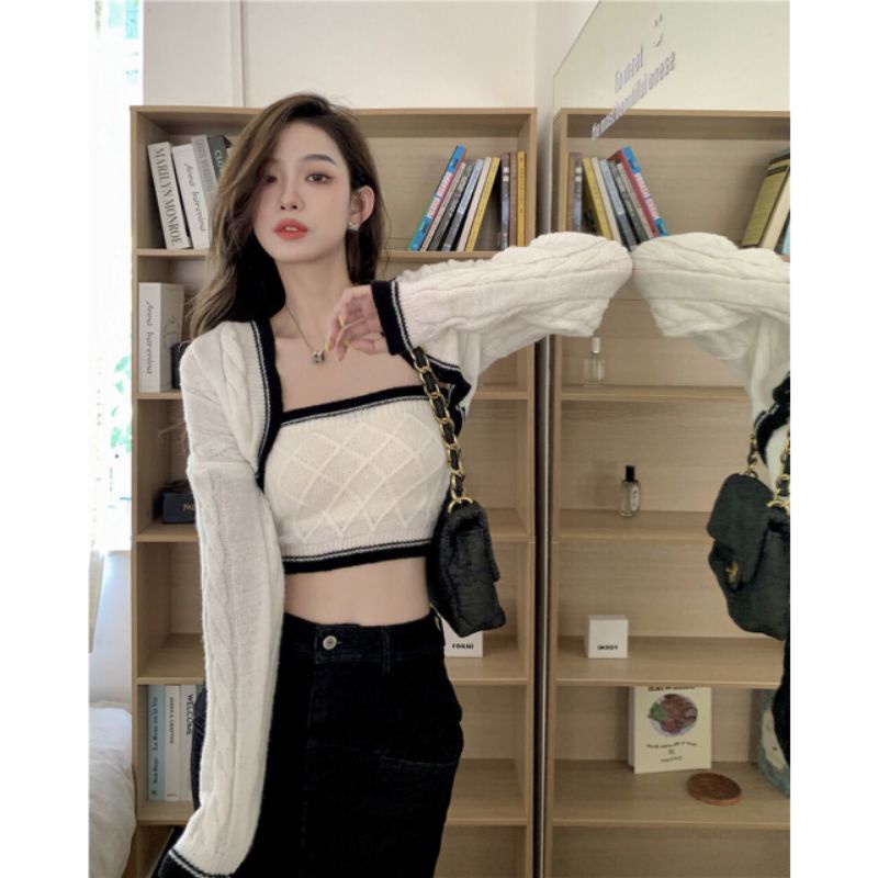 QUEEN SAKURA - Q6925SET - MONO KNIT SET TUBETOP & OUTER IMPORT - SETELAN CROP OUTER RAJUT CASUAL KOR