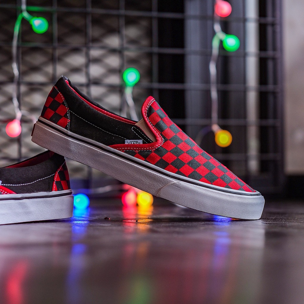 VANS SLIP-ON CHECKERBOARD  BLACK FORMULA RED ORIGINAL 100%