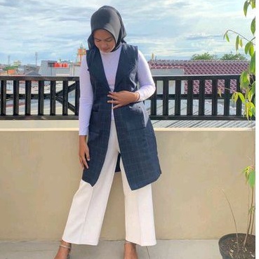 LONG VEST BLAZER/OUTER KOTAK NAVY BY NADWA/CARDIGAN KANTOR KOREAN PREMIUM TEBAL