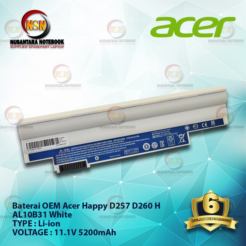 Baterai OEM Acer AL10B31 For Aspire One 522 722 D260 11.1V 5200mAh White