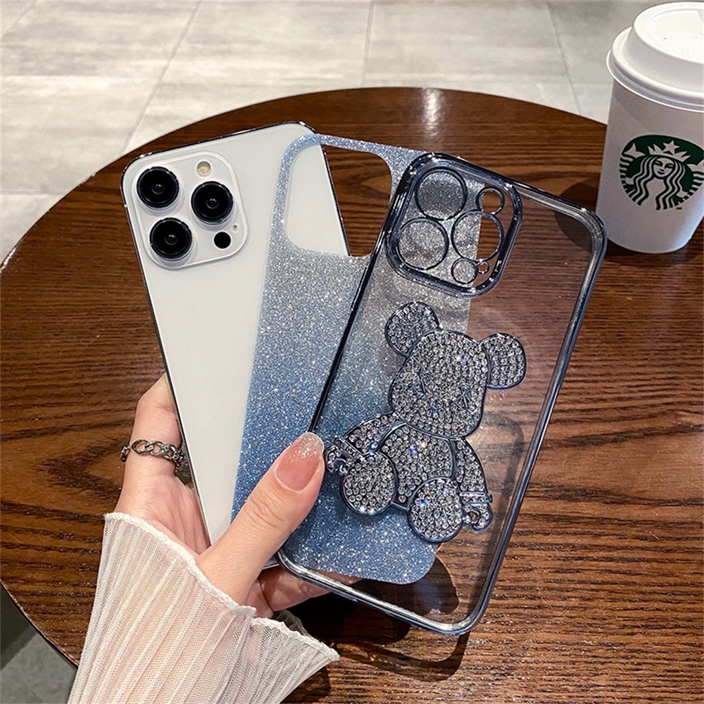 Luxury Diamond Bear shockproof case iPhone 14 Pro Max case iPhone 13 12 11 Pro Max14 Plus Proteksi Kamera aesthetic Full case Berlapis Tertutup