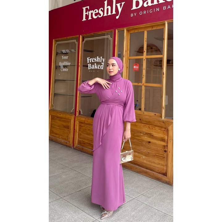 Hannah Dress Ceruty Long Dress Kondangan Baju Pesta Hijab Seragam Bridesmaid Gaun Prewedding Gratis Bross Payet