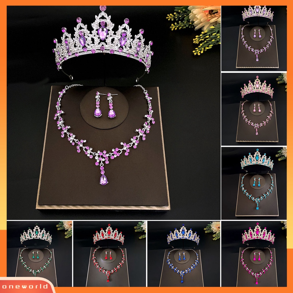 [ONE] 3 Pcs/Set Pernikahan Mahkota Kristal Imitasi Electroplating Berlebihan Bentuk Geometris Shiny Dress Up Alloy Wedding Dress Bride Earrings Kalung Set Perhiasan Aksesori