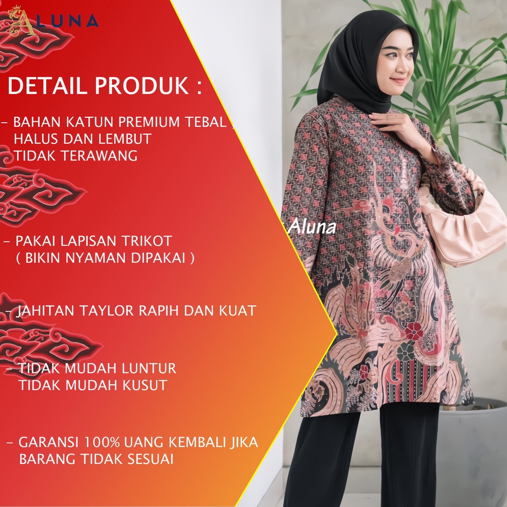 Batik Wanita Tunik Lengan Panjang Katun Lapis Trikot Premium Modern Original Batik Kerja Kantor Kondangan Size M L XL XXL 062