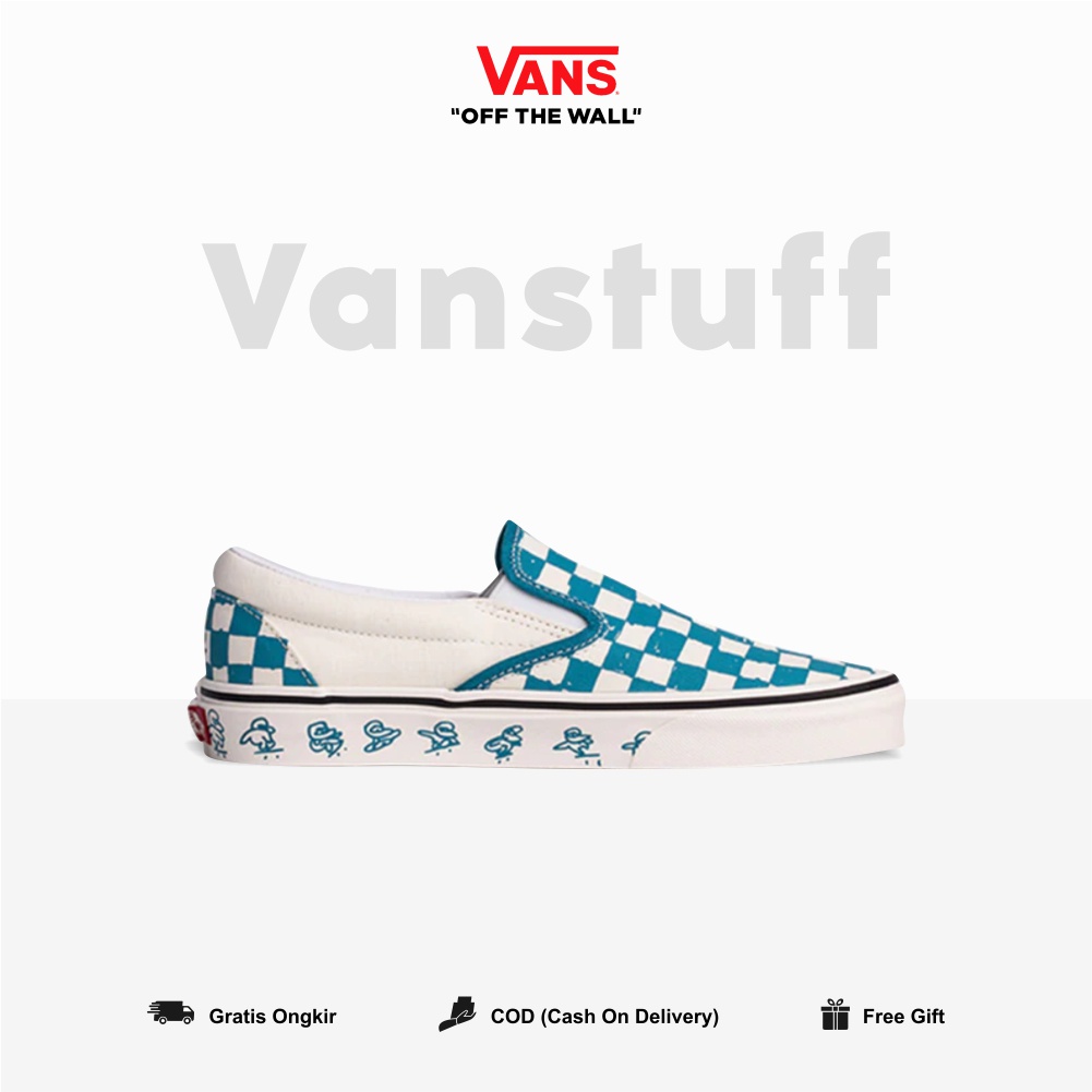 Vans Slip On Clasic Kakao N Friends Checkerboard Blue Couple Pria dan Wanita Original 100% BNIB Global Market Authentic Guarated Catur Ori