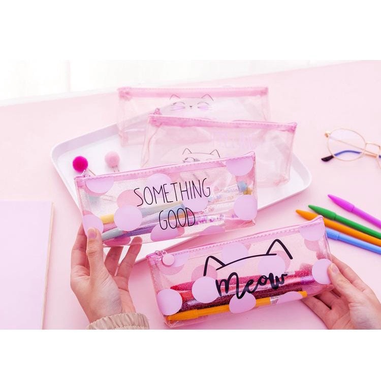 

Hanarippana tempat pensil PVC pinky meow girly feminin kotak pensil resleting kucing pinky import kapasitas besar