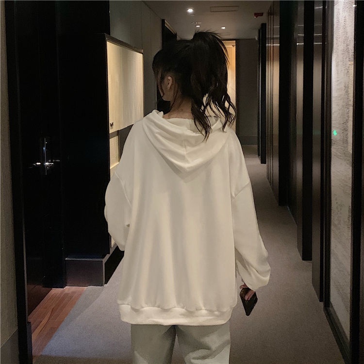 ☄2021 Baru Awal Musim Gugur Bagian Tipis Lengan Panjang Putih Berkerudung Jaket Sweater Wanita Gaya Harajuku Versi Korea Longgar Mahasiswa top