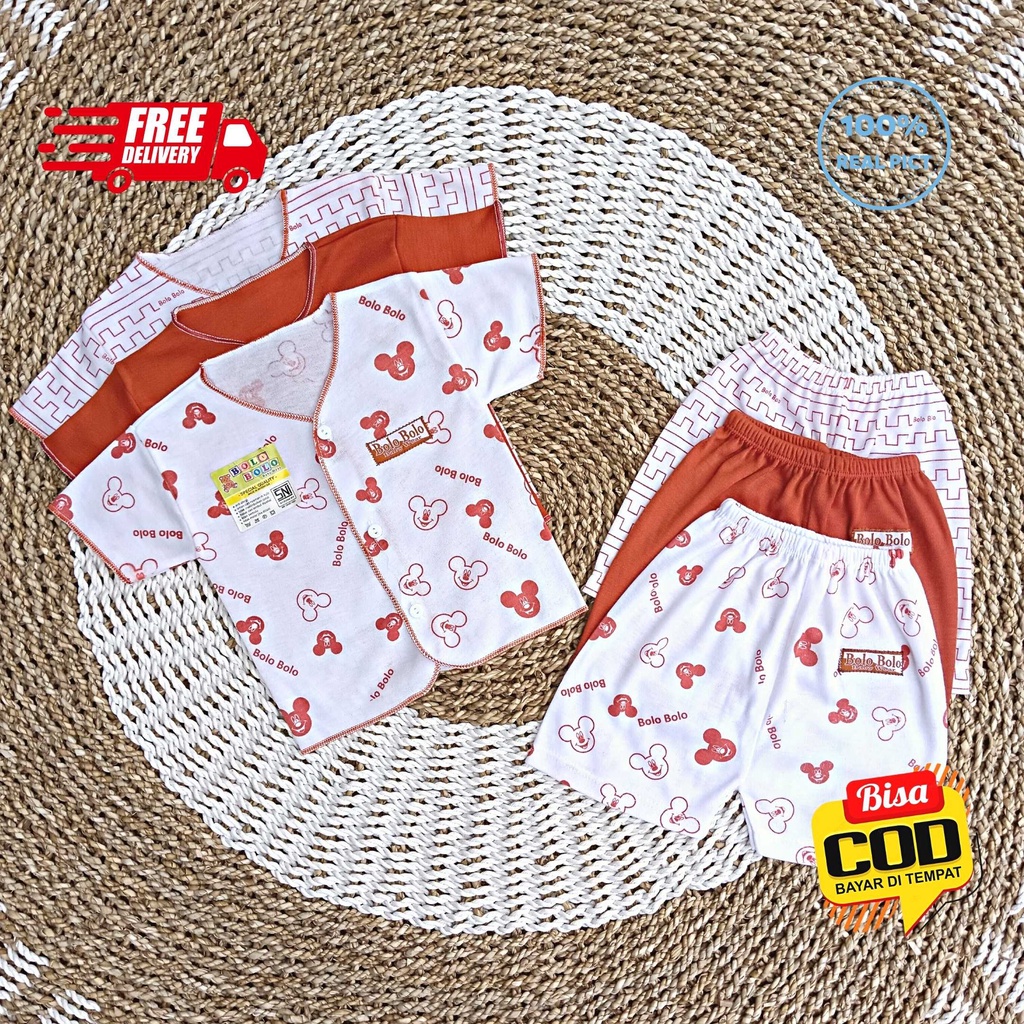 SALE 7.7 Serian Merah Bata - 3 Stel Setelan Baju Bayi Tangan Pendek Celana Pendek Bayi 0 sd 3 Bulan BRICK RED SERIES merk SNI Bolo - Bolo