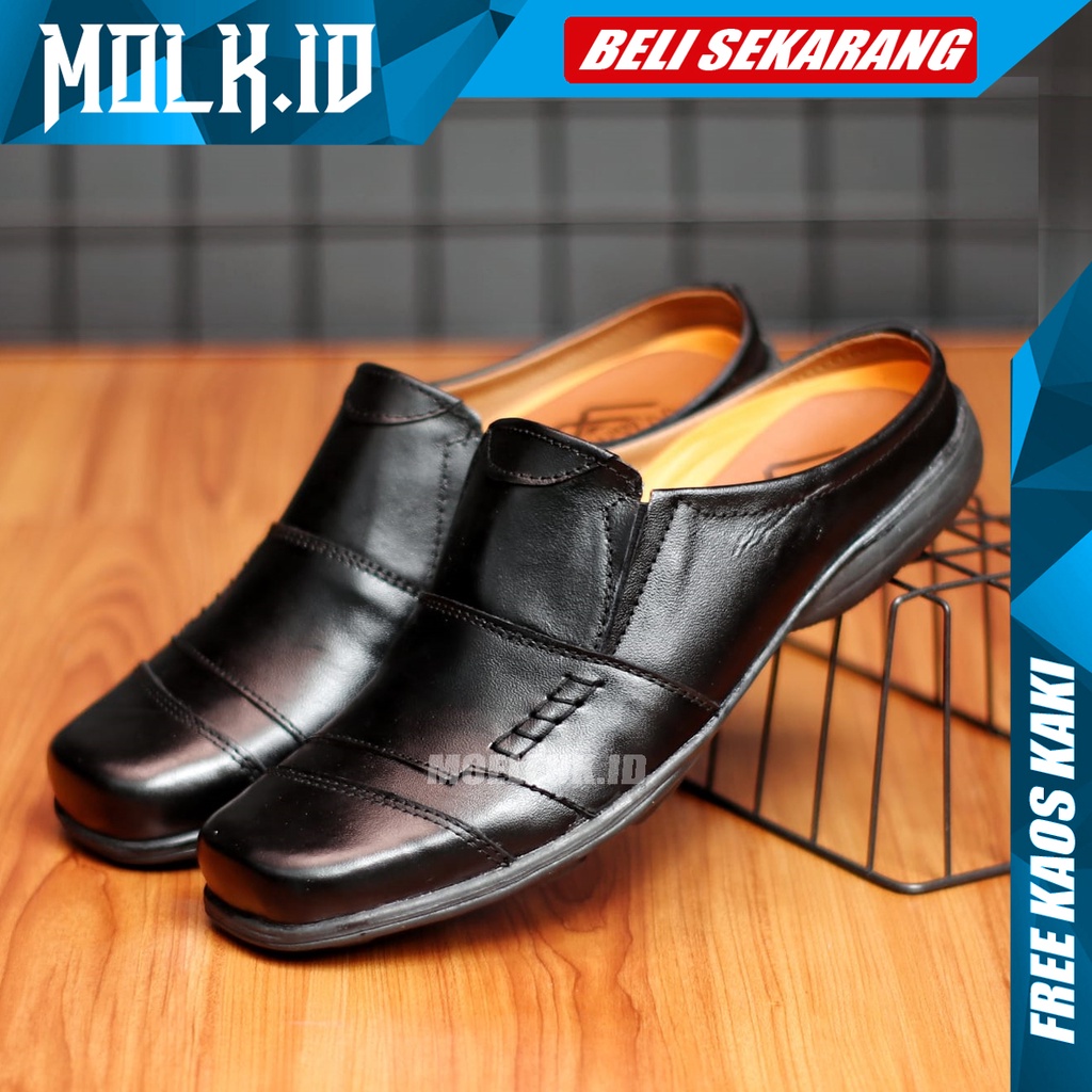 MOLK Sandal Pria Dewasa Kulit Asli Original Sendal Slop Cowok Casual Selop Hitam Simple Murah Tutong Bustong