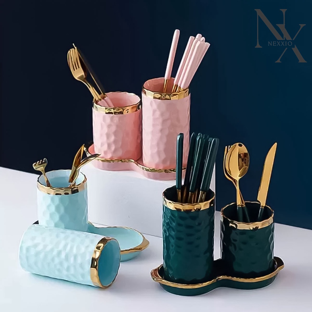 NexXio Nordic Chopsticks Tube Holder Tempat Sumpit Tempat Sendok Keramik / tempat sendok set / Tempat Sendok Garpu Sumpit Keramik Marmer Emas