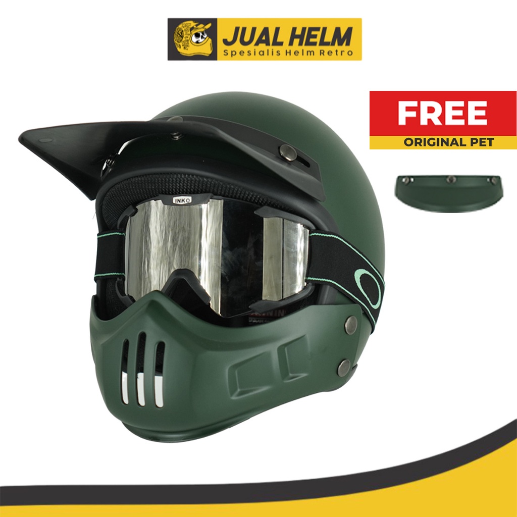 Helm Retro Cakil Modular + Goggle Inko + Pet Duck Cross