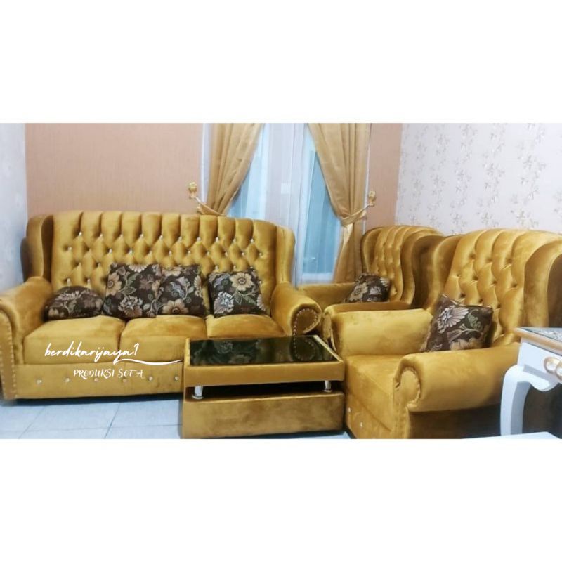 sofa wingchair sule seater 311+meja+5 bantal peluk bahan bludru legacy (glosy) free ongkir bandung