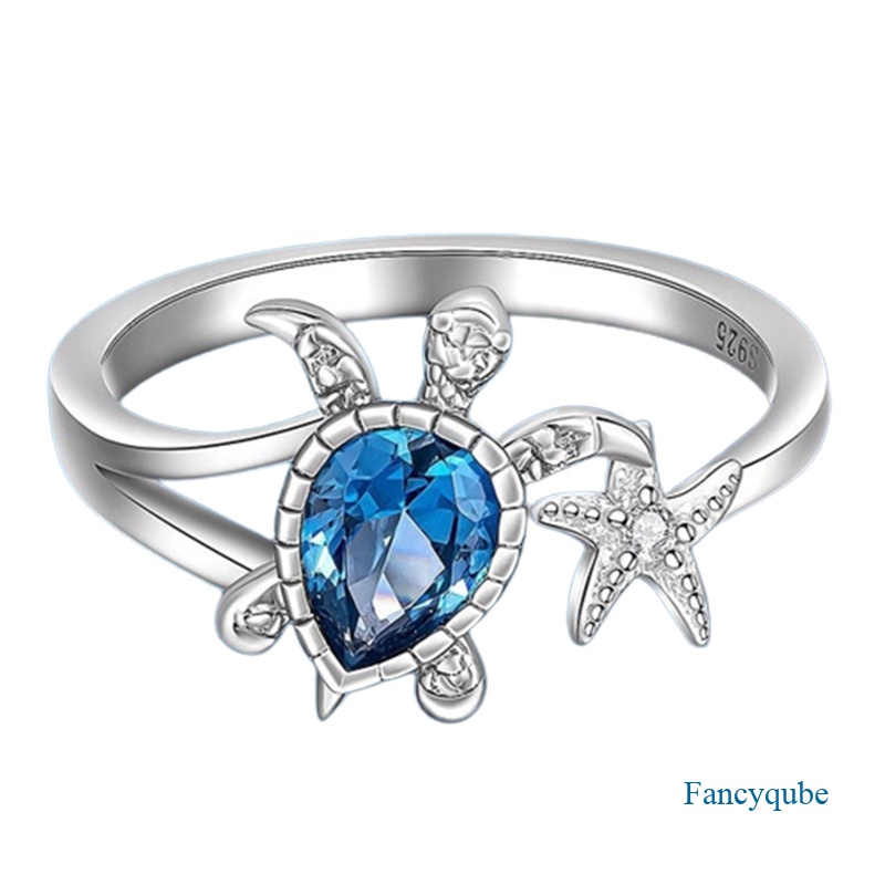 Perak Sea Turtle Starfish Rings Untuk Wanita Blue Topaz Lucu Laut Hadiah Hewan Cubic Zirconia Perhiasan Gadis Pesta Ulang Tahun