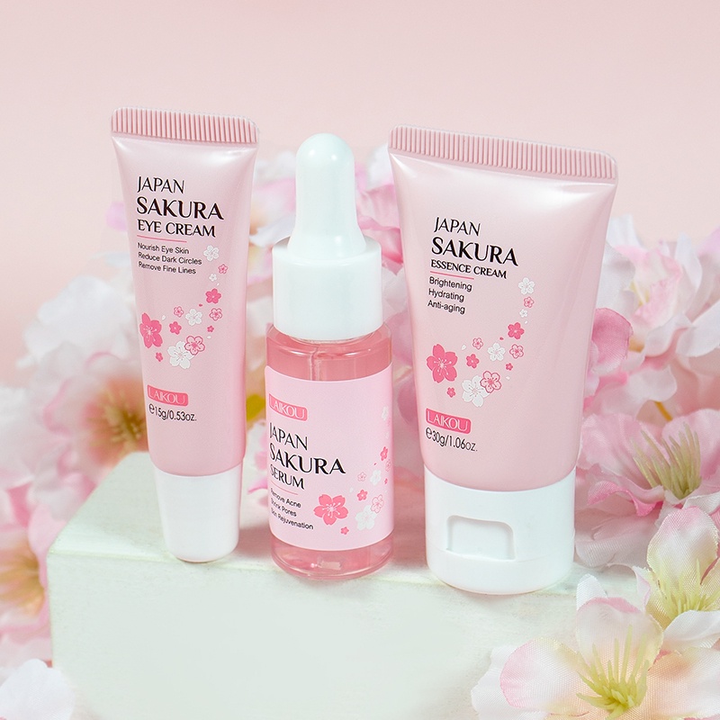 LAIKOU Sakura 3pcs Skin Care Set Serum Mengencangkan Pori-pori Krim Pelembap Memudarkan Noda Krim Mata Memudarkan Kerutan