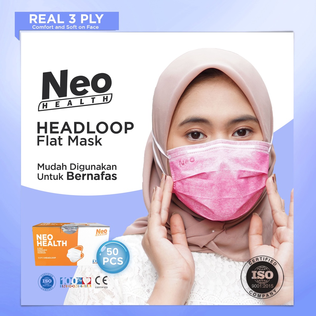 Neo Hijab Mask '50S 3 ply Pink masker medis filtrasi 97%