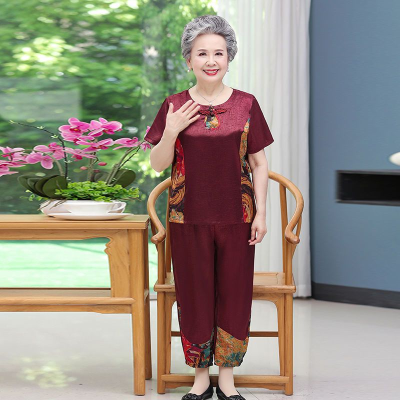 Setelan lengan pendek musim panas nenek setelan ibu sutra wanita tua setelan ibu sutra dua potong