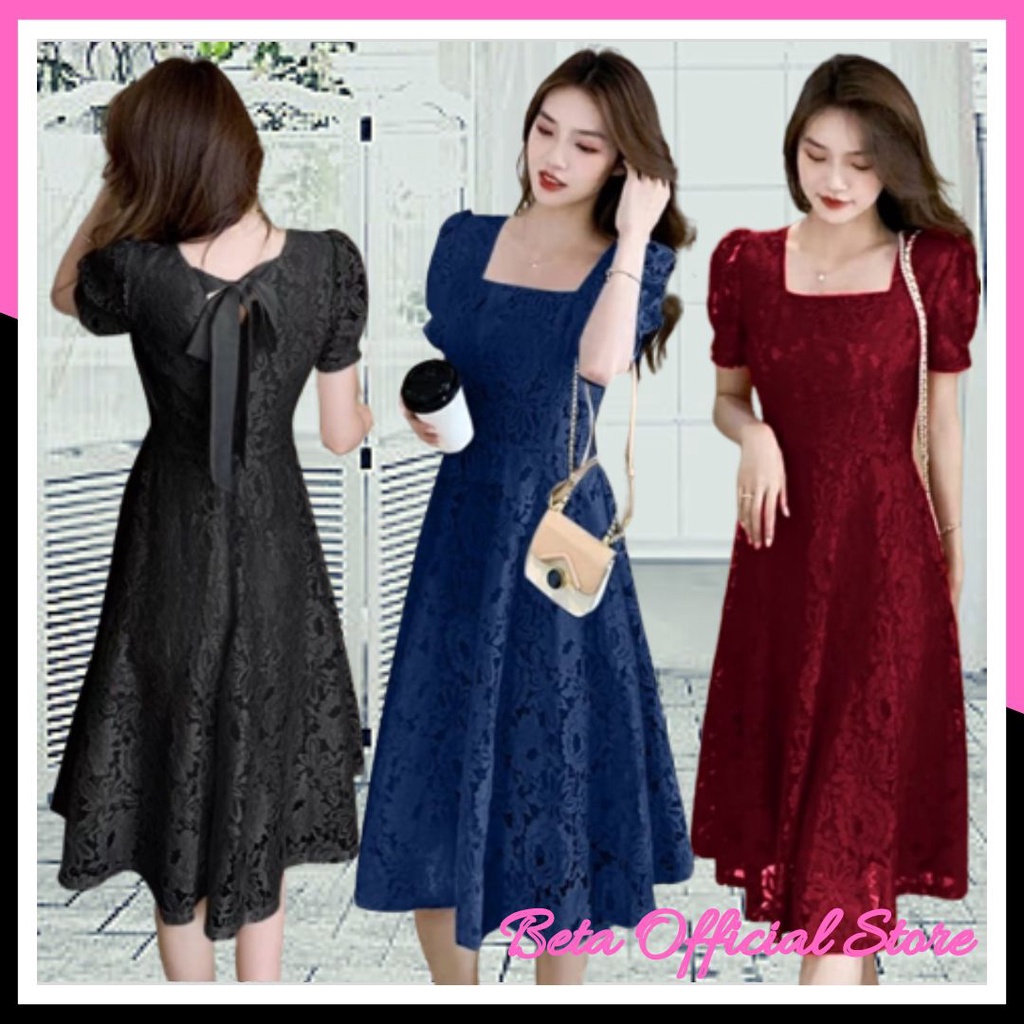 Baju Dress Brukat Madel Lengan Balon Pesta Natal Imlek Terbaru 2023 Pakaian Wanita Remaja Modern Mew