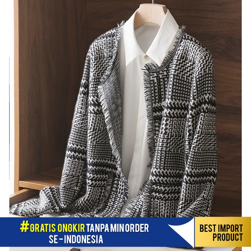 Cardigan Wanita  Murni Wol Cargan      Klasik Rumbai Rajutan Kasmir Sweater Leher Bulat Houndstooth 