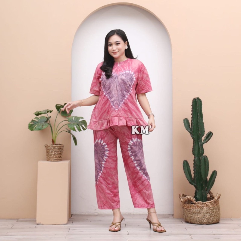 SETELAN WANITA CELANA PANJANG REMPEL BUSUI FRIENDLY MOTIF LOVE TIE DYE JUMPUTA SETELAN CP KAOS ONE SET BUSUI BAHAN KAOS