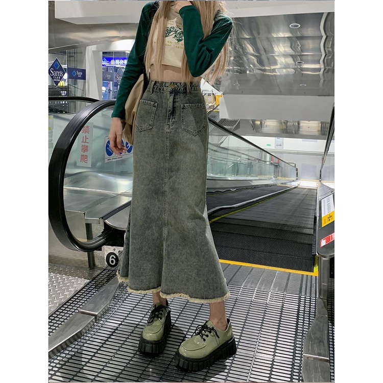 Rok denim split gaya Korea rok a-line wanita berpinggang tinggi sedang untuk menutupi rok pinggul selangkangan