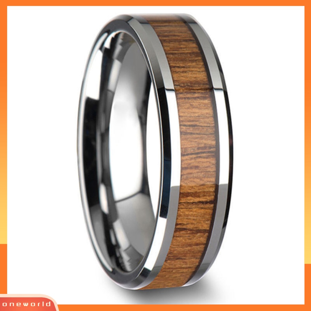 {oneworld} Us 7-10 Fashion Pria Wanita Baja Titanium Hias Kayu Band Cincin Pasangan Hadiah