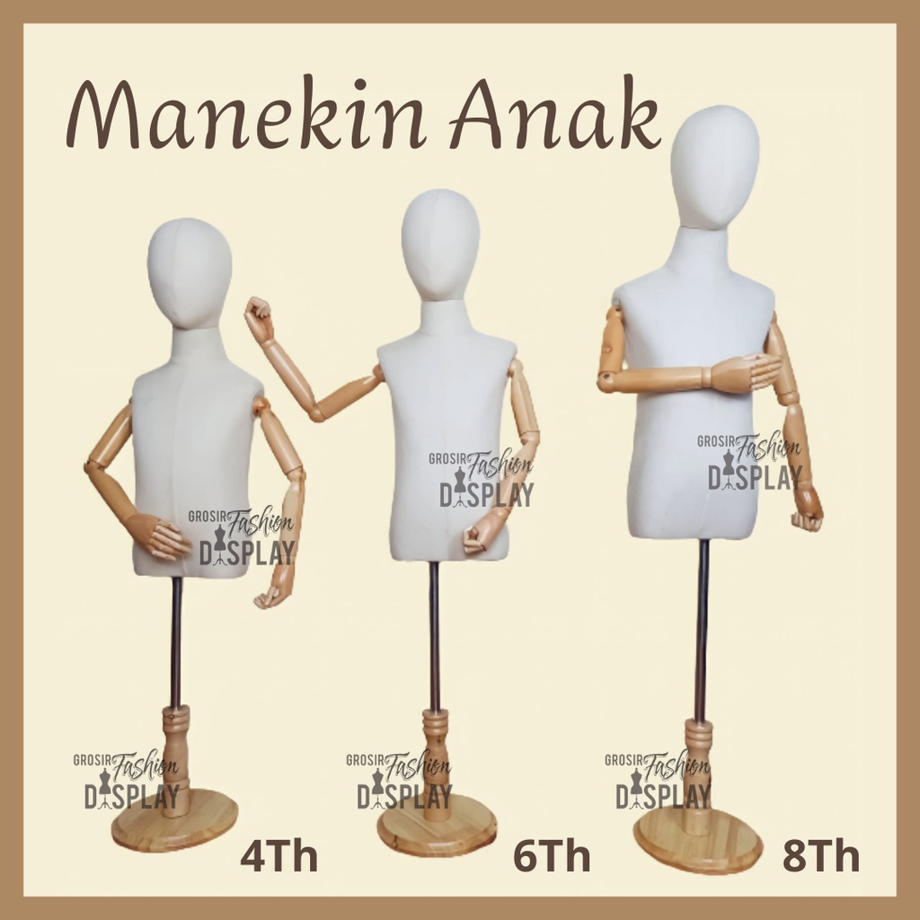 Patung Manekin DM Anak Tangan Robot Tiang Kayu Kepala Foam Display Pakaian Manekin Dummy Anak Patung Anak-BH