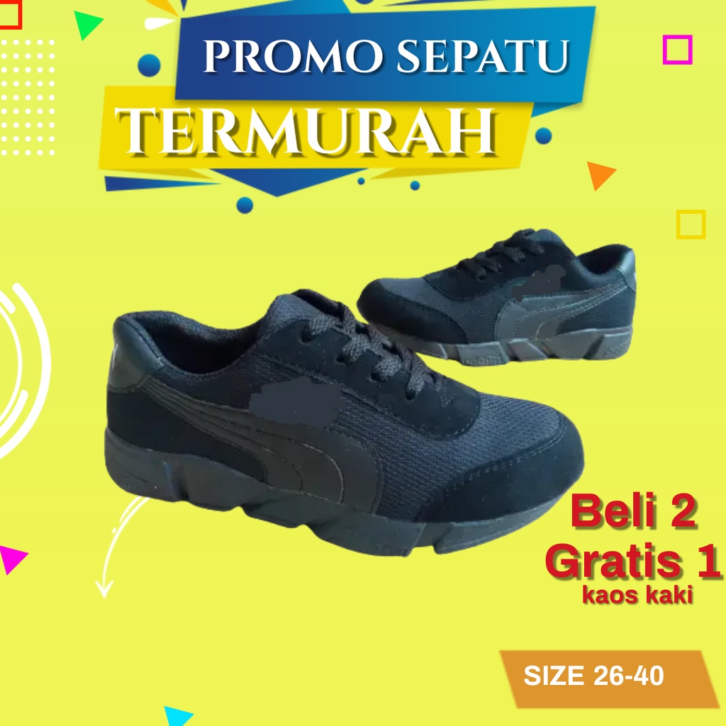 sepatu sneakers pria wanita sepatu sekolah anak laki laki perempuan sd smp sma hitam polos  tali