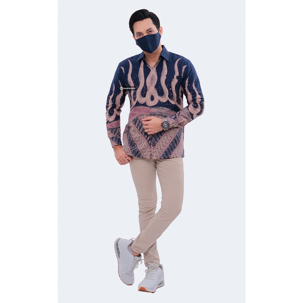 Handara Batik Pria Casual Lengan Panjang Slim Fit Premium Legowo Navy Pink HB-330